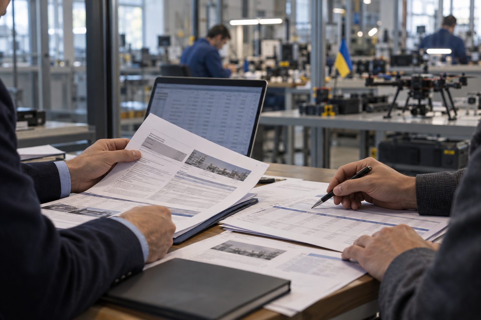 Document review in a production facility, representing checks on Ukrainian companies